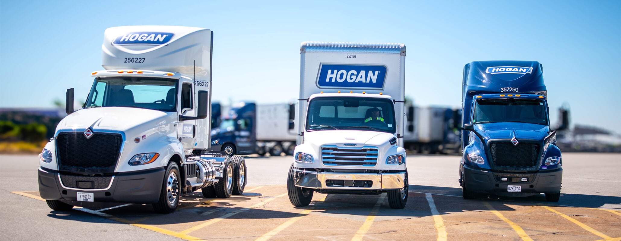 Photo of row of heavy duty and medium duty Hogan trucks